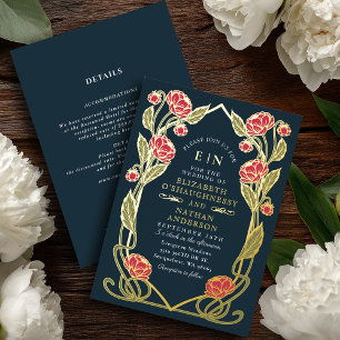 Elegant Pink Peony Art Nouveau Wedding All in One Foil Invitation