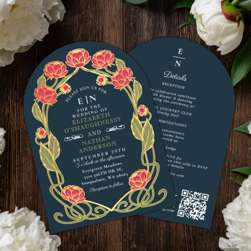 Elegant Pink Peony Art Nouveau Wedding Arch QR  Invitation