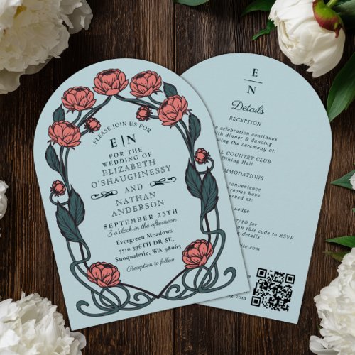 Elegant Pink Peony Art Nouveau Wedding Arch QR  Invitation