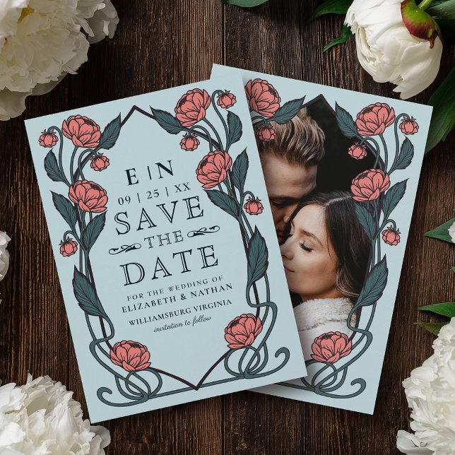 Elegant Pink Peony Art Nouveau Wedding Photo Save The Date (Creator Uploaded)