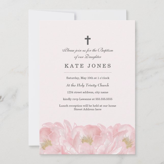 Elegant Pink Peony Baptism Invitation (Front)