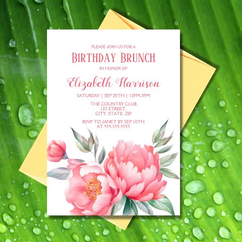 Elegant Pink Peony Botanical Birthday Brunch Invitation