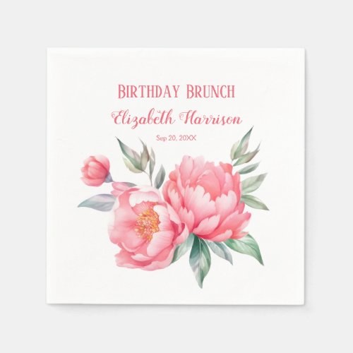 Elegant Pink Peony Botanical Birthday Brunch Napkins