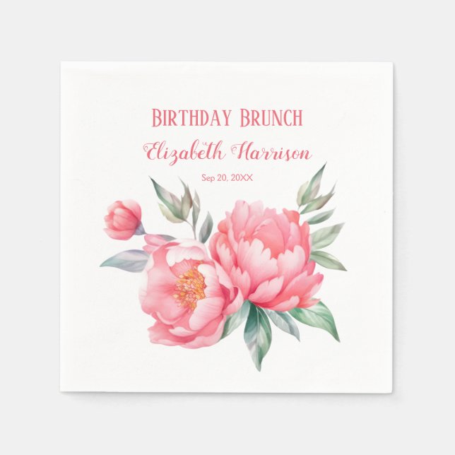 Elegant Pink Peony Botanical Birthday Brunch Napkins (Front)