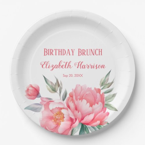 Elegant Pink Peony Botanical Birthday Brunch Paper Plates