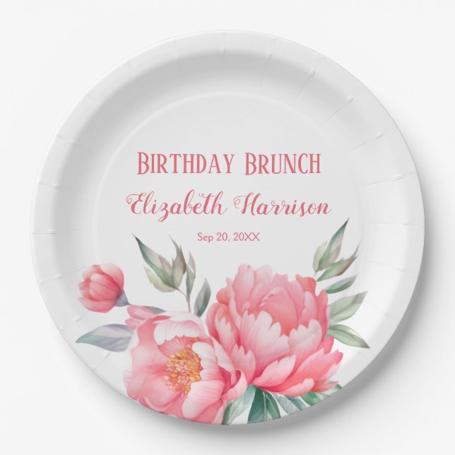 Elegant Pink Peony Botanical Birthday Brunch Paper Plates (Front)