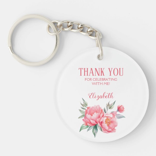 Elegant Pink Peony Botanical Brunch Birthday  Keychain (Front)