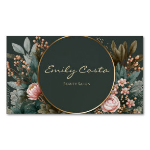 Elegant Pink Peony Botanical Dark Teal Gold Circle Business Card Magnet