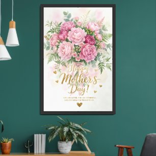 Elegant Pink Peony Bouquet Happy Mother’s Day Framed Art