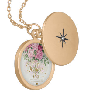 Elegant Pink Peony Bouquet Happy Mother’s Day Gold Plated Necklace