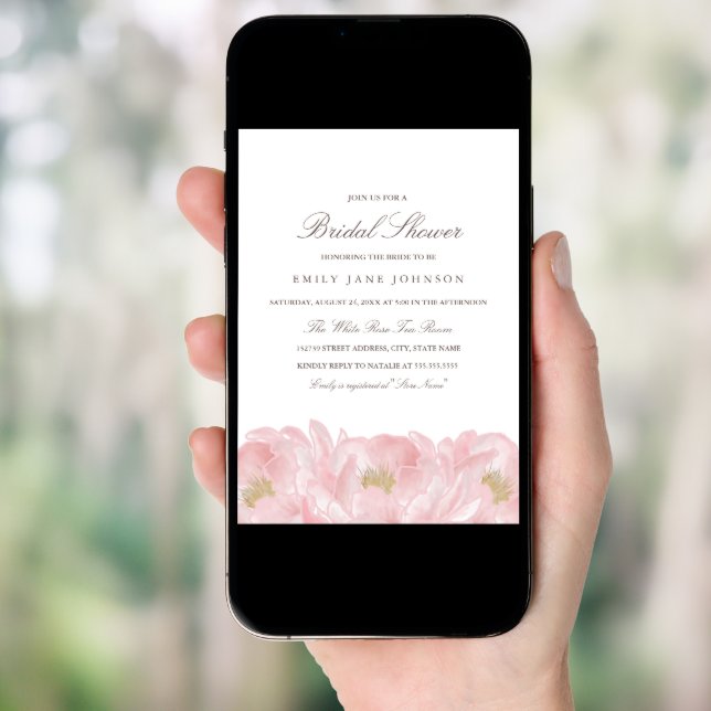 Elegant Pink Peony Bridal Shower Invitation (Front Digital)