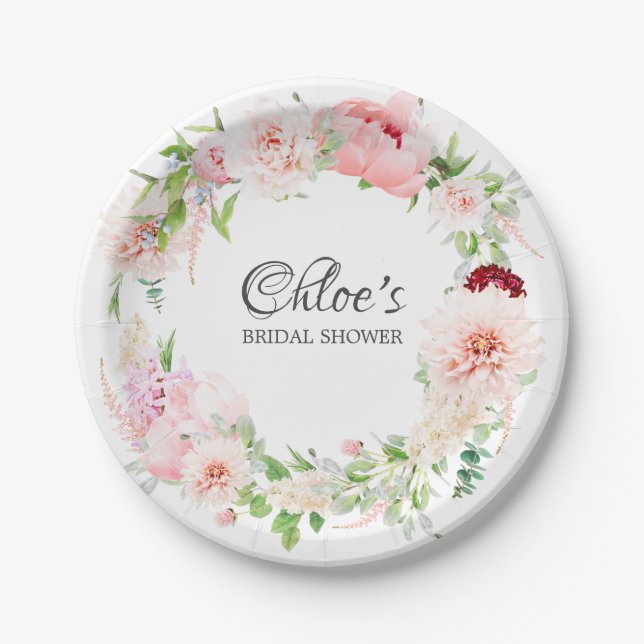 Elegant Pink Peony Bridal Shower Paper Plates (Front)