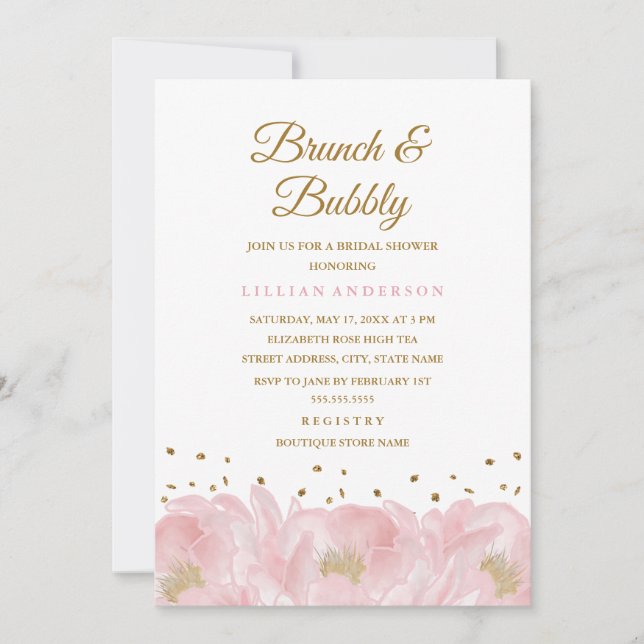 Elegant Pink Peony Brunch and Bubbly Bridal Shower Invitation (Front)