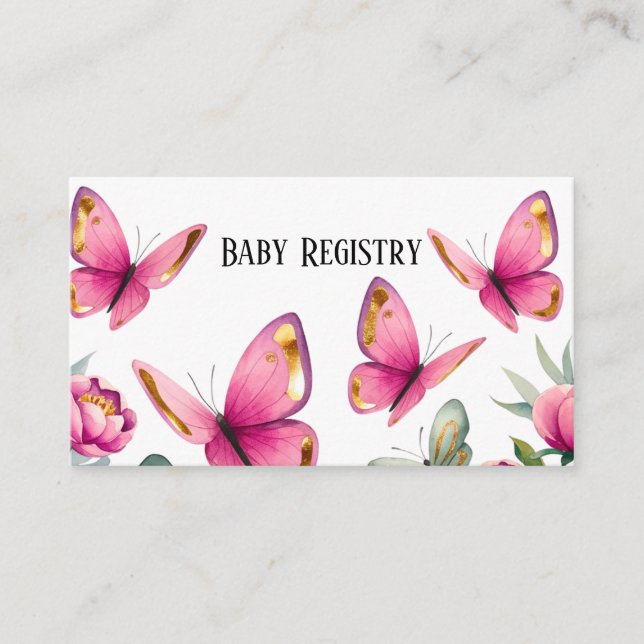 Elegant Pink Peony & Butterflies Baby Registry Enclosure Card (Front)