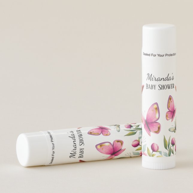 Elegant Pink Peony & Butterflies Girl Baby Shower Lip Balm (Front)