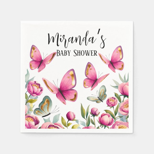 Elegant Pink Peony & Butterflies Girl Baby Shower Napkins (Front)
