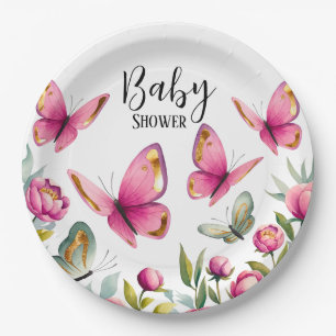 Elegant Pink Peony & Butterflies Girl Baby Shower Paper Plates