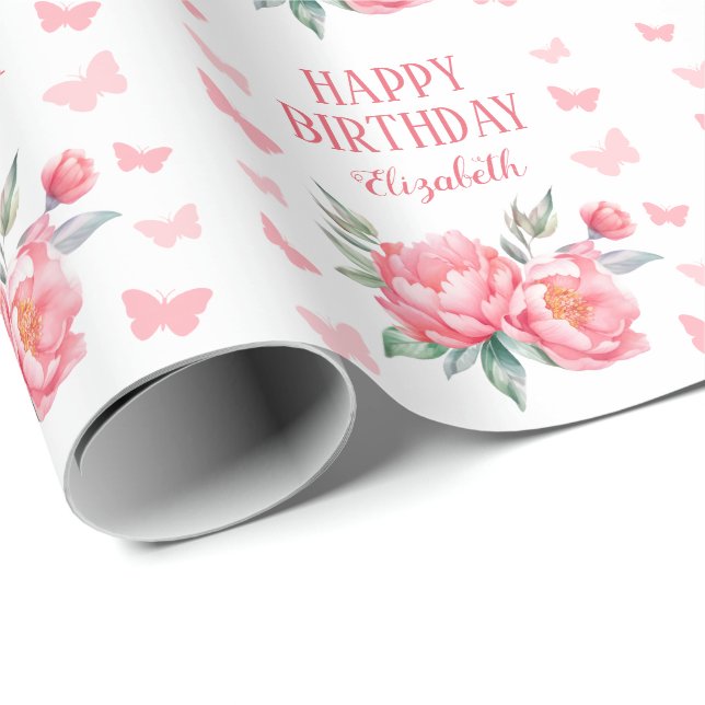Elegant Pink Peony Butterfly Botanical Birthday  Wrapping Paper (Roll Corner)