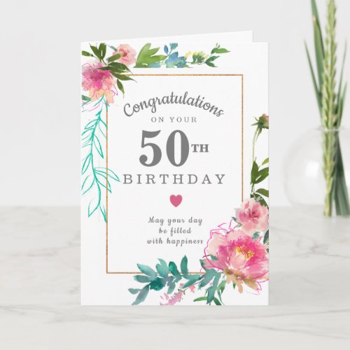 Elegant Pink Peony Floral 50th Birthday Card