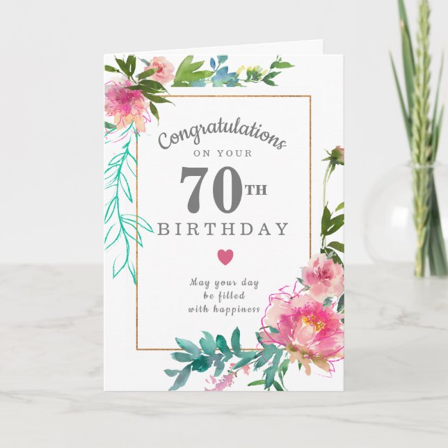 Elegant Pink Peony Floral 70th Birthday Card (Front)