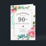 Elegant Pink Peony Floral 90th Birthday Card<br><div class="desc">Congratulate a very special person on their 90th birthday with a pink peony floral design. Elegant and chic the peonies with delicate green and turquoise botanical elements decorate a thin gold frame. All of the text can be edited,  so you can customize a very personal and meaningful message.</div>