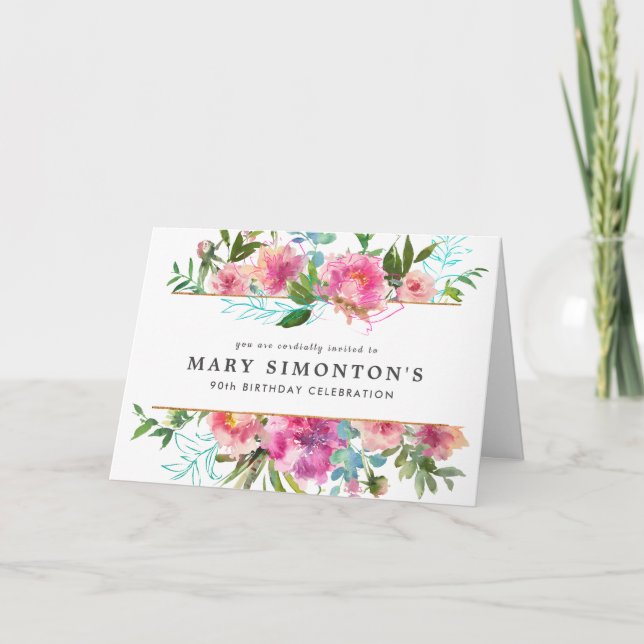 Elegant Pink Peony Floral 90th Birthday Invitation (Front)