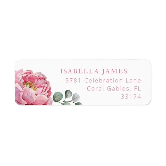 Elegant Pink Peony Floral and Greenery Return Addr Label (Front)