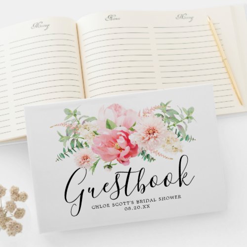 Elegant Pink Peony Floral Bridal Shower Guest Book