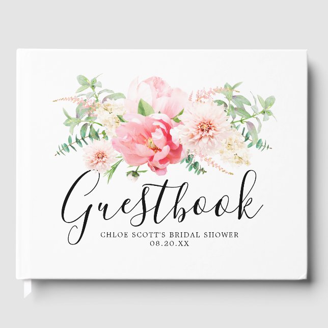 Elegant Pink Peony Floral Bridal Shower Guest Book (Front)