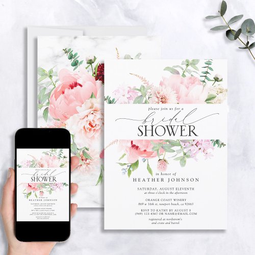 Elegant Pink Peony Floral Calligraphy Shower Invitation