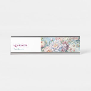 Elegant Pink Peony Floral Custom Florist Business Desk Name Plate