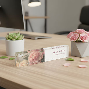 Elegant Pink Peony Floral Custom Florist Business  Desk Name Plate