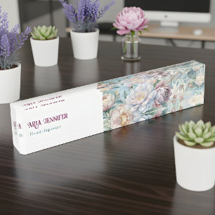 Elegant Pink Peony Floral Custom Florist Business  Desk Name Plate
