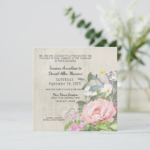 Elegant Pink Peony Floral Greenery Rustic Wood Invitation