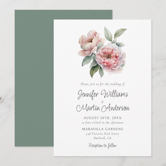 Elegant Pink Peony Floral Wedding Invitation (Front/Back)