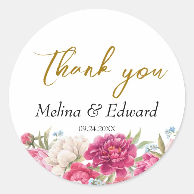 Elegant Pink Peony Florals Wedding Classic Round Sticker (Front)