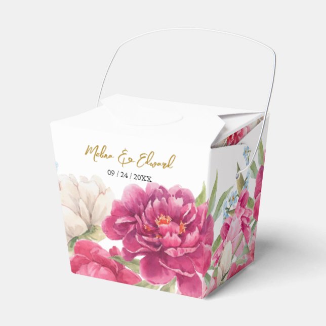 Elegant Pink Peony Florals Wedding Favor Boxes (Front Side)