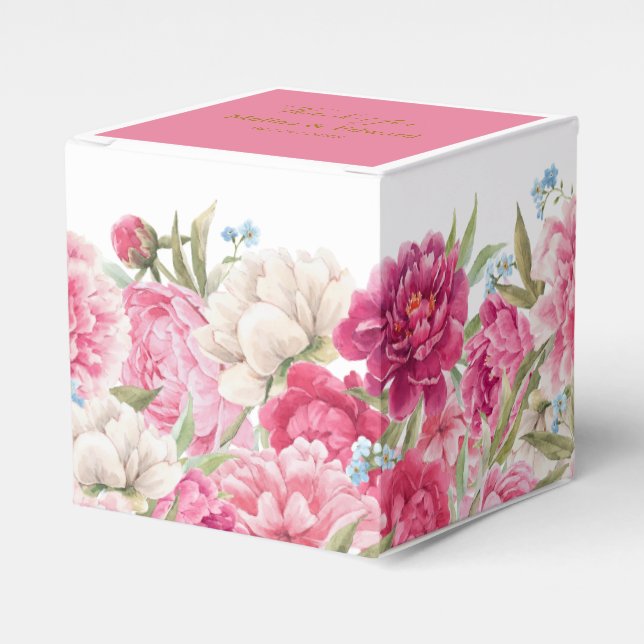 Elegant Pink Peony Florals Wedding Favor Boxes (Front Side)