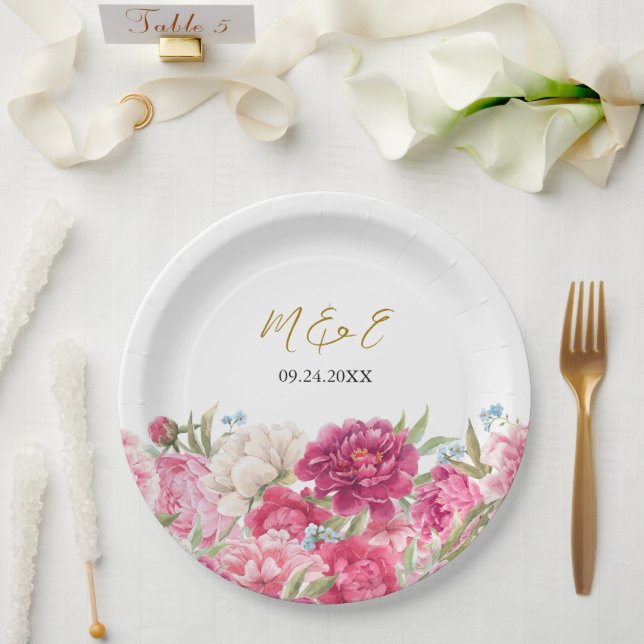 Elegant Pink Peony Florals Wedding Paper Plates (Wedding)