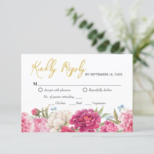 Elegant Pink Peony Florals Wedding Reply RSVP Card