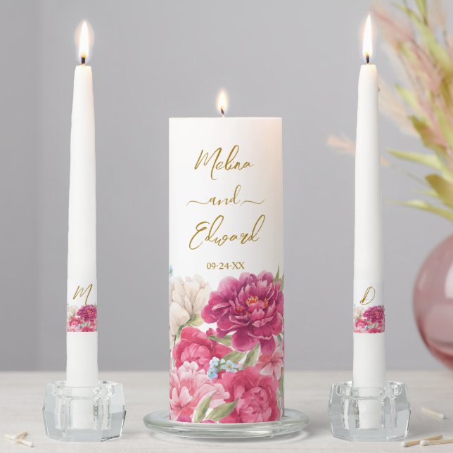 Elegant Pink Peony Florals Wedding Unity Candle Set (In Situ)