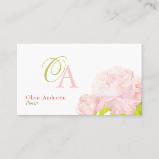 Customizable Elegant Pink Peony Florist Monogram Business Cards