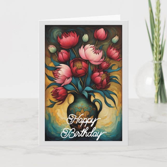 Elegant Pink Peony Flower In Vase Birthday Card (Front)