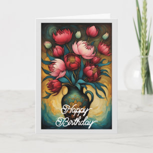 Elegant Pink Peony Flower In Vase Birthday Card