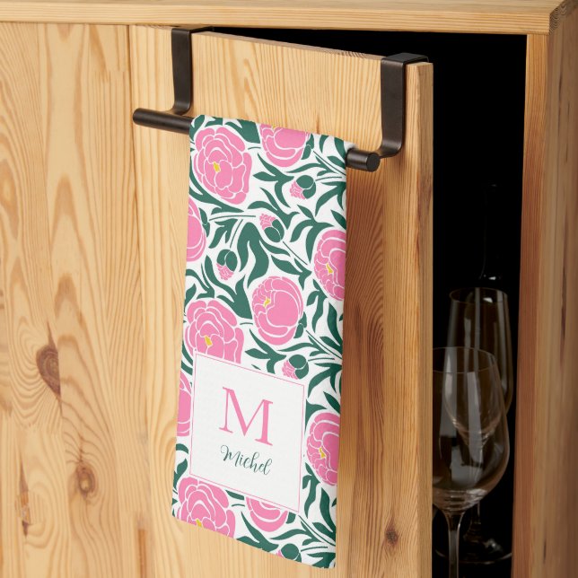 Elegant Pink Peony Flowers Personalized Kitchen Towel (Thirds Fold)