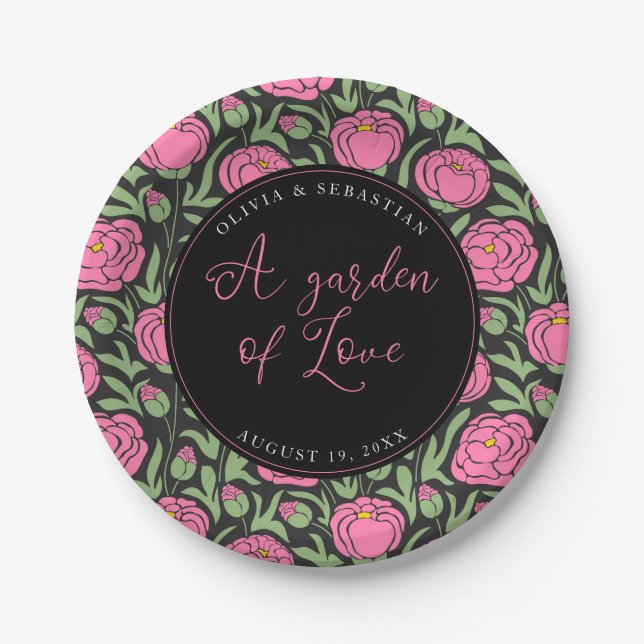 Elegant Pink Peony Flowers Wedding Paper Plates (Front)