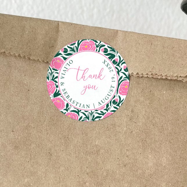 Elegant Pink Peony Flowers Wedding Thank you Classic Round Sticker (Creator Uploaded)