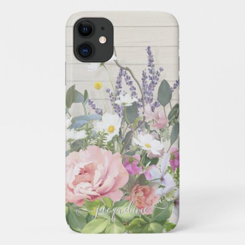Elegant Pink Peony Lavender Floral Rustic Wood iPhone 11 Case