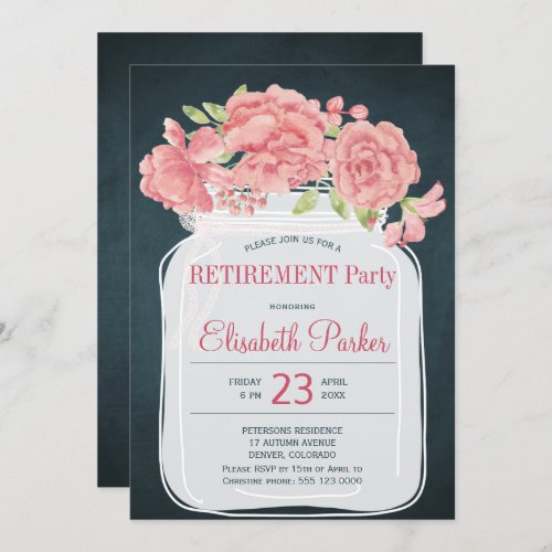Elegant pink peony mason jar navy retirement party invitation