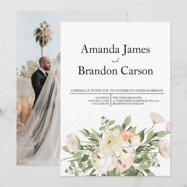 Elegant Pink Peony Photo Wedding  Invitation (Front/Back)